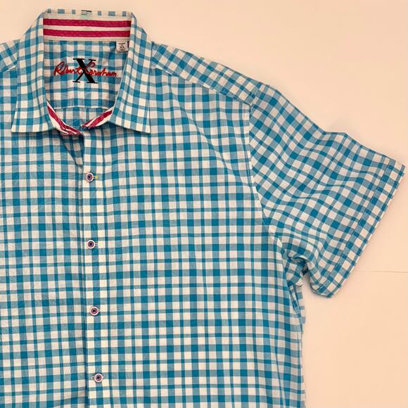 Robert Graham Gingham Short Sleeve Shirt Button-Down Cotton | Men's Size XL - Picture 3 of 12